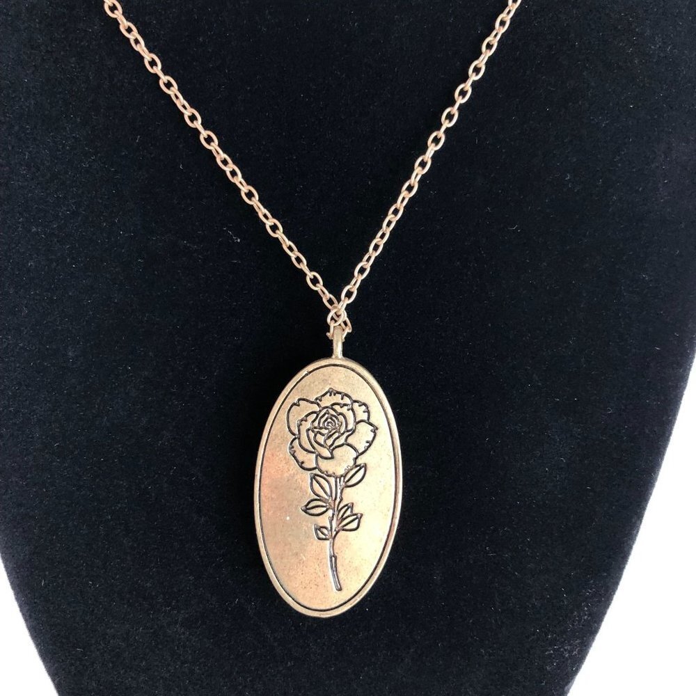 True Craft 2 Sided Oval Pendant Necklace Chic Stone Face Etched Rose Gold Tone - Picture 2 of 7
